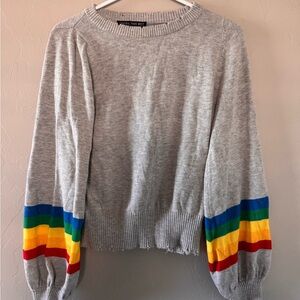 Central Park West- Distressed Grey Rainbow Balloon Sleeve Sweater